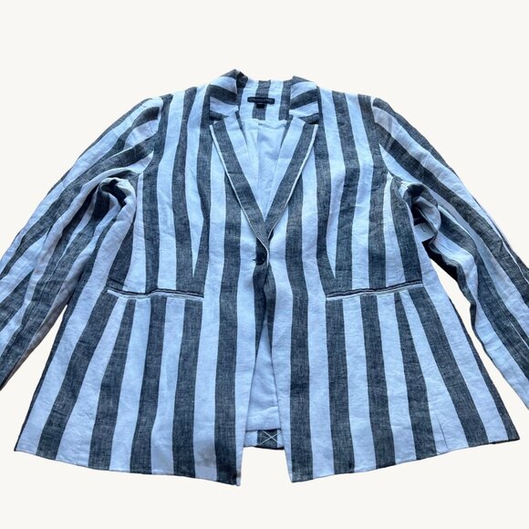 Saks Fifth Avenue Jackets & Blazers - Saks Fifth Avenue XL NEW Gray, White Striped 100% Linen Notch Neck Blazer